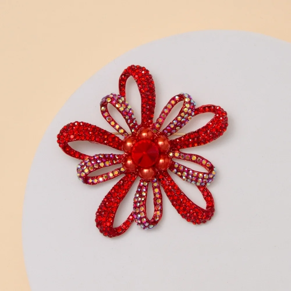 Floral Crystal Rhinestone Brooch Pin with Open Loop Petal